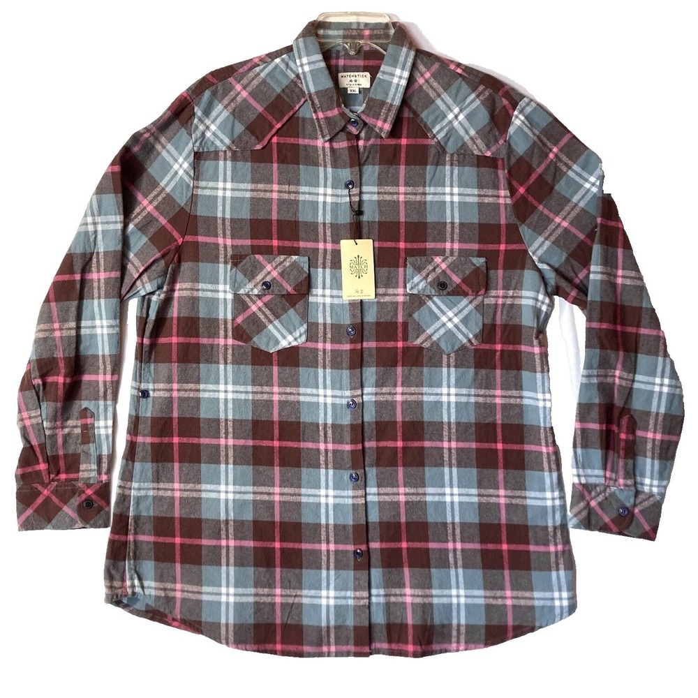 Matchstick Argus Roll Tab Flannel Top Women XXL Cotton Plaid Brown Pink 2X NWT